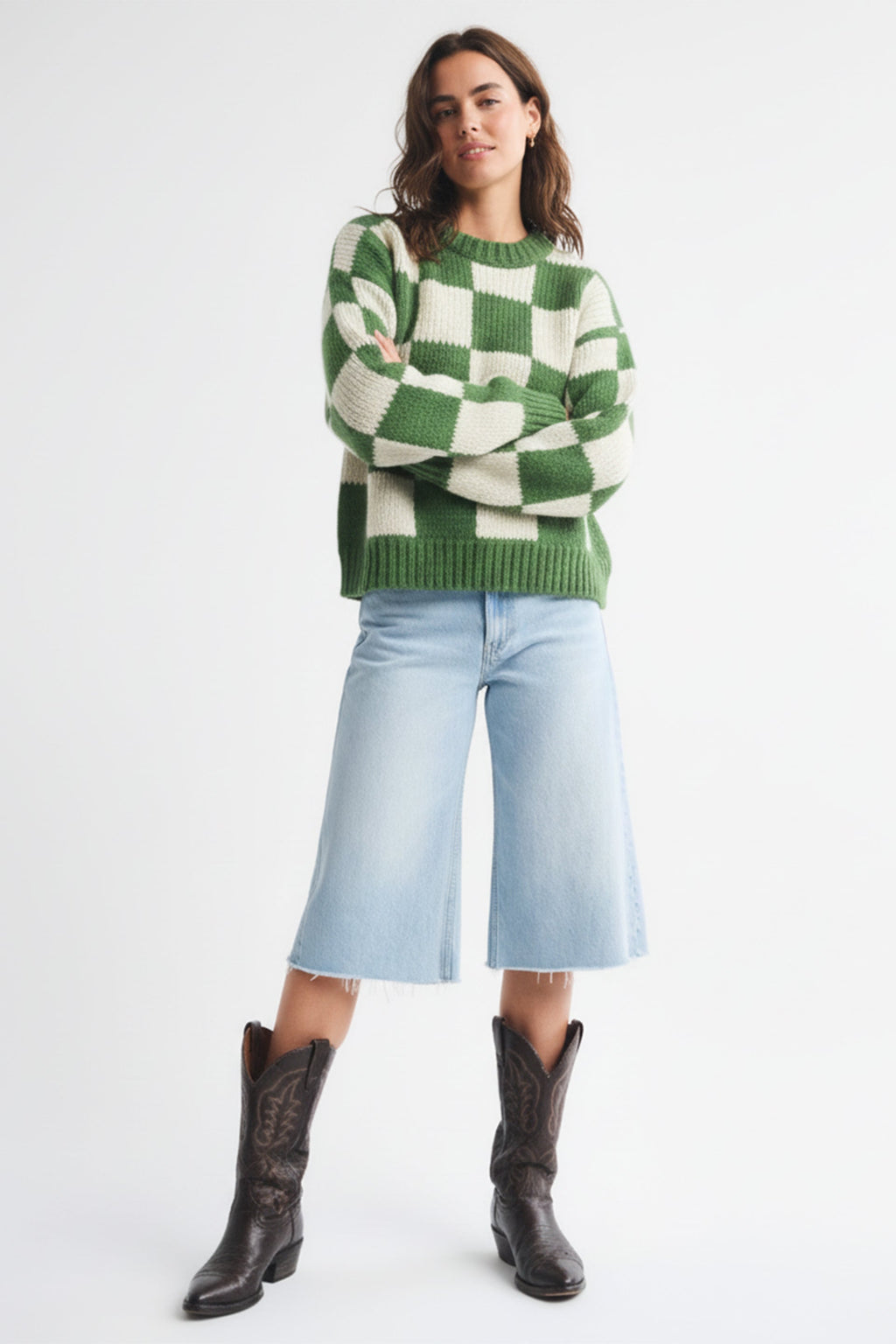 Green Checkered Crochet Sweater