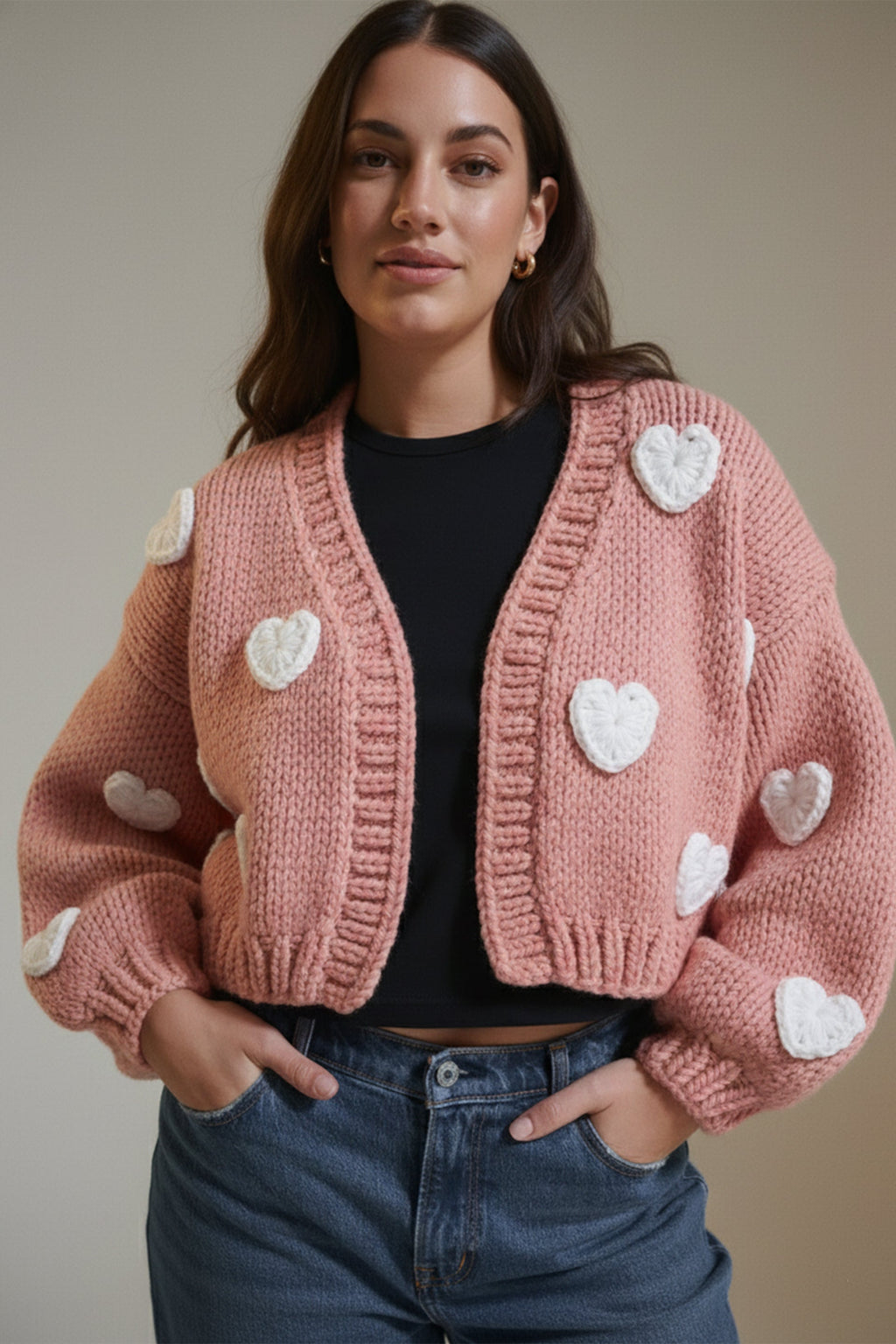 Pink Heart Crochet Cardigan